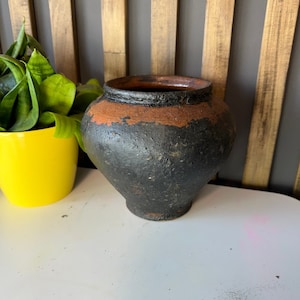 Ancient clay pot, Antique clay vessel, Rustic ceramic bowl, Pottery jug, Primitive rustic earthenware, Black Wabi Sabi Pot, ceramic vase#409
