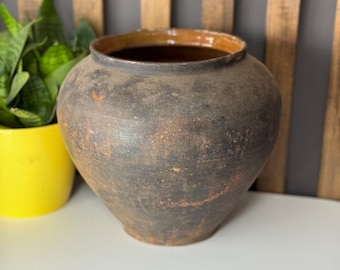Ancient clay pot, Antique clay vessel, Rustic ceramic bowl, Pottery jug, Primitive rustic earthenware, Black Wabi Sabi Pot, ceramic vase#312