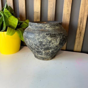 Ancient clay pot, Antique clay vessel, Rustic ceramic bowl, Pottery jug, Primitive rustic earthenware, Black Wabi Sabi Pot, ceramic vase#418
