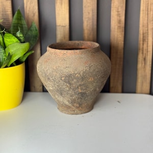 Ancient clay pot, Antique clay vessel, Rustic ceramic bowl, Pottery jug, Primitive rustic earthenware, Black Wabi Sabi Pot, ceramic vase#303