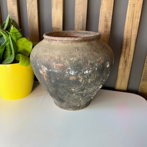 Ancient clay pot, Antique clay vessel, Rustic ceramic bowl, Pottery jug, Primitive rustic earthenware, Black Wabi Sabi Pot, ceramic vase#406