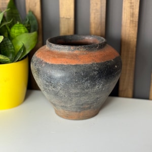 Ancient clay pot, Antique clay vessel, Rustic ceramic bowl, Pottery jug, Primitive rustic earthenware, Black Wabi Sabi Pot, ceramic vase#317
