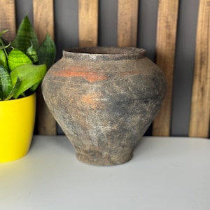 Ancient clay pot, Antique clay vessel, Rustic ceramic bowl, Pottery jug, Primitive rustic earthenware, Black Wabi Sabi Pot, ceramic vase#300