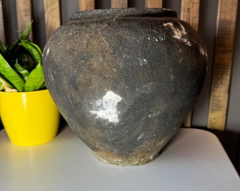 Ancient clay pot, Antique clay vessel, Rustic ceramic bowl, Pottery jug, Primitive rustic earthenware, Black Wabi Sabi Pot, ceramic vase#436