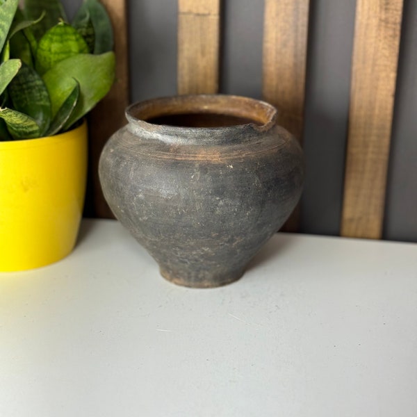 Ancient clay pot, Antique clay vessel, Rustic ceramic bowl, Pottery jug, Primitive rustic earthenware, Black Wabi Sabi Pot, ceramic vase#320