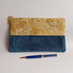 Pochette tissu "Frou-Frou"/velours côtelé/liseré doré, trousse, pochette maquillage, crayons, stylos, école, multiusage, de sac, cadeau