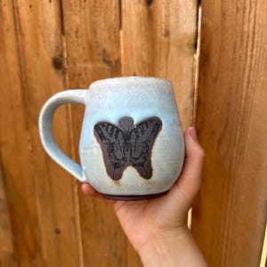 Handmade Ceramic Butterfly Mug: Blue Glaze, 16oz