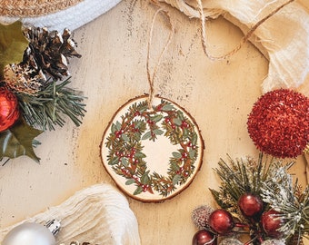 Evergreen Wreathe Wooden Slice Ornaments, Rustic Ornaments, Wooden Ornaments, Hand Painted Ornaments, Christmas Tree