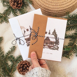 Stay Cozy card, Christmas card, outdoors, log cabin, blank card with envelope, blank greeting card