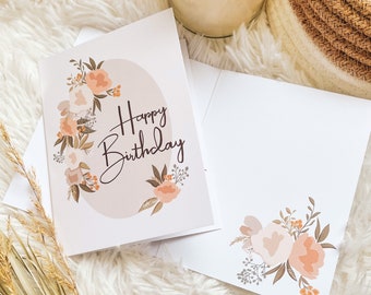 Birthday card, floral, blank card with envelope, blank greeting card