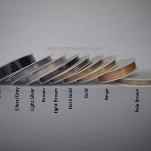 May include: Spools of ribbon in various colors, including black, silver, light silver, brown, light brown, dark gold, gold, beige, and pale brown. The spools are labeled with the corresponding colors. The text "ISABELLETTE HABERDASHERY" is visible at the top of the image.