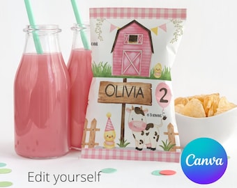 May include: A pink and white gingham favour bag with a farm theme. The bag features a red barn, a cow, a chick, and a sign that says "Olivia is turning 2".