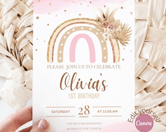 Convite de aniversário Boho Arco-Íris: Modelo editável (5 x 7 polegadas)