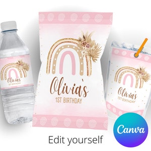 May include: Printable party favor labels featuring a pink and gold rainbow with floral accents. The labels say "Olivia's 1st Birthday".