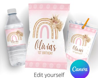May include: Printable party favor labels featuring a pink and gold rainbow with floral accents. The labels say "Olivia's 1st Birthday".