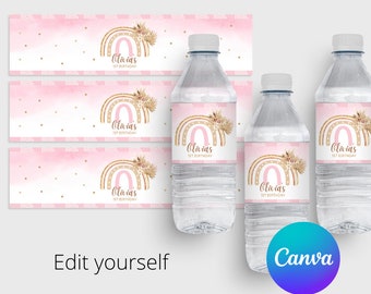 Boho Rainbow 1st Birthday Water Bottle Labels (Editable Canva)