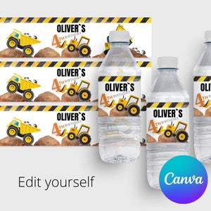 Etiquetas para garrafas de água de construção, Etiquetas para garrafas de água de aniversário de construção, Aniversário de menino, Canva editável