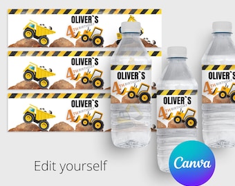Etiquetas para garrafas de água de aniversário de construção: modelo editável do Canva