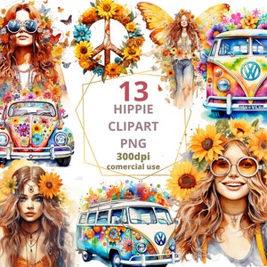 Watercolor Hippie Clipart: 60s 70s Groovy Boho PNG (Digital Download)