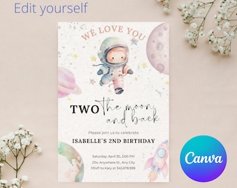 Two the Moon Birthday Invitation: Space Girl Party (DIY Editable Template)