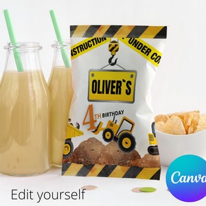 May include: A yellow and black construction themed chip bag with a yellow digger and a yellow truck. The bag says "Oliver's 4th Birthday" and has a yellow caution tape with the text "Under Construction".