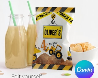 Etiqueta para Pacote de Batata Frita com Tema de Construção para Aniversário: Lembrancinha com Caminhão Basculante (Download Instantâneo, Editável no Canva)