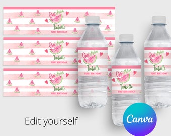 May include: Three clear plastic water bottles with custom labels featuring pink watercolor stripes, watermelon slices, and small hearts. The text reads One in a Melon, Isabelle, and FIRST BIRTHDAY. The labels are also shown flat on the left side.
