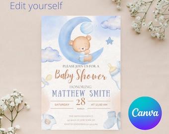 Plantilla de invitación para baby shower con osito azul (descarga digital)