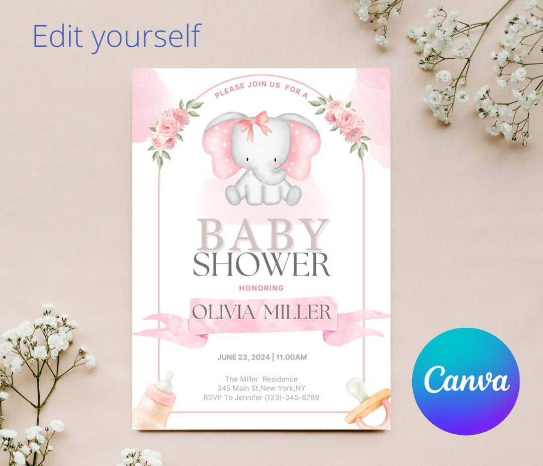 Pink Elephant Baby Shower Invitation: Editable Template (digital ...