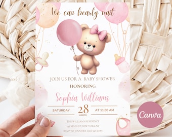 Modelo de convite para chá de bebê com ursinho rosa (download digital)