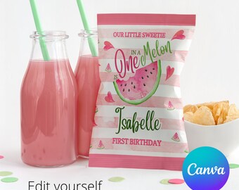 Um em um saco de melão, saco de melancia, saco de melancia, festa de primeiro aniversário, Canva editável