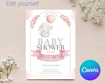 Op de afbeelding: Babyborrel uitnodiging met een aquarel illustratie van een grijze olifant met een roze ballon. De uitnodiging bevat de tekst "Baby Shower" en details voor Olivia Miller's borrel, inclusief datum, tijd en locatie.