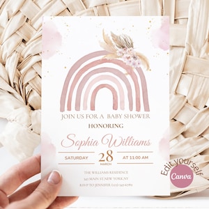 Bearbeitbare Boho Regenbogen Baby Shower Einladung Mädchen Pink Pampas Grass Boho Regenbogen Baby Shower Invite Download digitaler Download