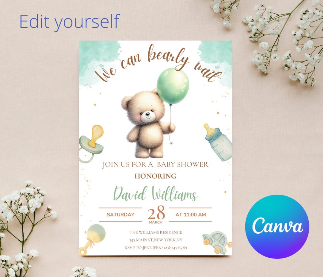 Editable We Can Bearly Wait Baby Shower Invite,green Balloon Teddy Bear ...