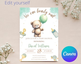 Teddy Bear Baby Shower Invitation: Green Balloon Theme (Editable Template)