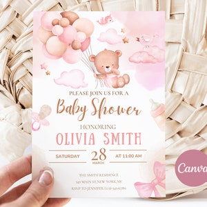 Invitación editable para baby shower rosa, temática de osito de peluche con globo rosa, plantilla de osito para baby shower, descarga instantánea BSTBG02