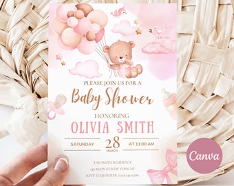 Pink Teddy Bear Baby Shower Invitation Template (Digital Download)