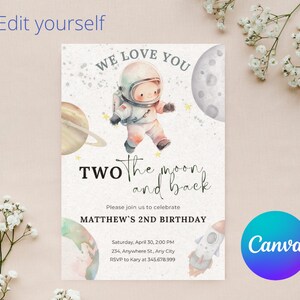 Two the Moon 2nd Birthday Invitation: Galaxy Party (DIY Editable Template)