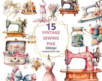 Watercolor Sewing Clipart: Vintage Sewing Machines (PNG Files, Commercial Use)