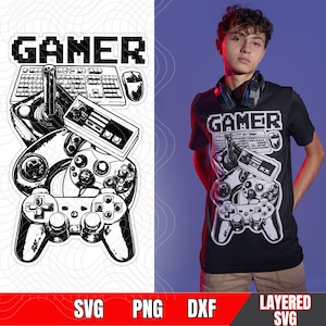 Gamer Svg, jeu vidéo, contour inclus, SVG, PNG, DXF, fichier de coupe, coupe facile, Cricut, Silhouette, haute qualité, téléchargement immédiat.
