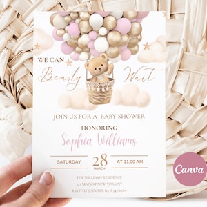 Editable Pink We Can Bearly Wait Baby Shower Invite, Hot Air Balloon Girl Teddy Bear, Pink Ballon Bear Babyshower template instant download