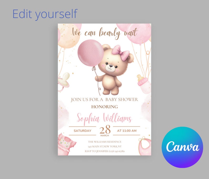 Pink Teddy Bear Baby Shower Invitation Template (digital Download) - Etsy