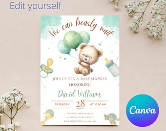 Teddy Bear Baby Shower Invitation: Green Balloons (Editable Template, Digital Download)