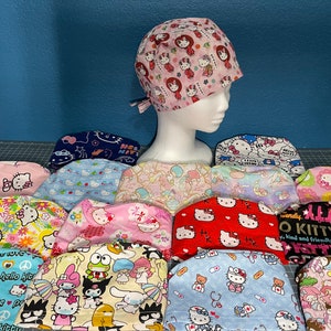 Kitty Pt4 Scrub Cap Hat Cat Flowers Stars Bows Kawaii Anime Kimono Handmade Adjustable Ties doctor hello nurse chemo medic earsaver buttons