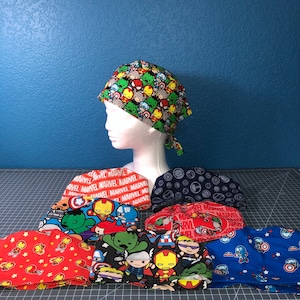 Superheroes Hero Comics Kawaii Scrub Hat Cap earsaver buttons handmade doctor nurse chemo surgical
