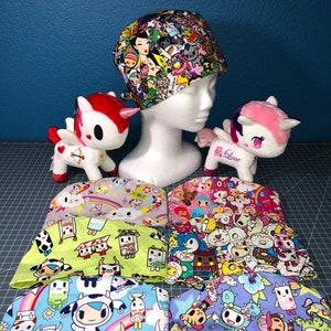 Toki Cot PT1 Scrub Hat Cap Kawaii Style Unicorn earsaver buttons handmade doctor nurse chemo medic Surgical
