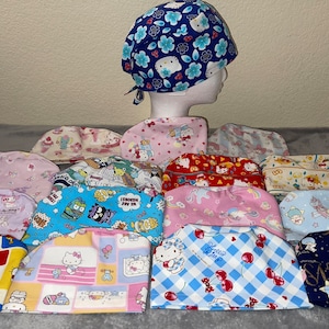 Pt3 Japan exclusive prints Scrub Cap Hat Kitty Cat Frog Star Unicorn Hero Flower Cherries Adjustable Ties Surgical Kawaii hello nurse chemo