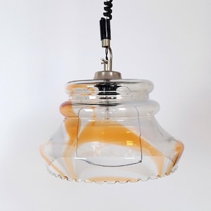Vintage Orange Pendant Light / Mid-Century Glass Ceiling Lamp / Retro Amber Swirl Hanging Light 1970s
