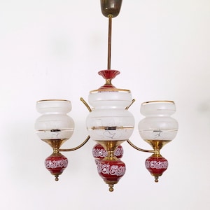 Vintage Chandelier, 4 Arm Brass Ceramic and Glass Ceiling Lamp, Vintage Light Fixture, 70s Pendant Light, Mid Century Modern Lamp, MCM