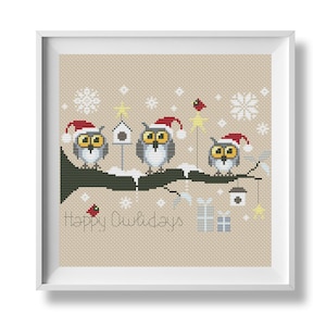 Happy Owlidays cross stitch pattern, pdf pattern, owl cross stitch chart, happy holidays, funny Christmas cross stitch, cute cross stitch